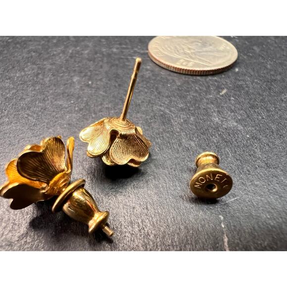 Vintage Monet Gold Tone Rose Earrings – 1960s Floral Design - Picture 11 of 13